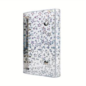 TEMU A6 투명 PVC 6링 바인더 커버 (글리터 별 디자인 & 스냅 2개 포함) - 캐시 봉투, 다이어리, 앨범, 플래너 리필 가능 노트북 쉘 보호 커버 - 튼튼한 정리 폴더, 학교용 바인더, 학용품