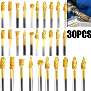 TEMU 30개 고속 티타늄 코팅 로터리 커터 세트 | 초경 등급 이중 절단 연마 헤드 (1/8인치 생크) | 금속/목재/석재/타일 연마 및 조각 | 전문가용 드릴 부속 | 헤비 듀티 고속 스틸 공구 | 코팅 절단