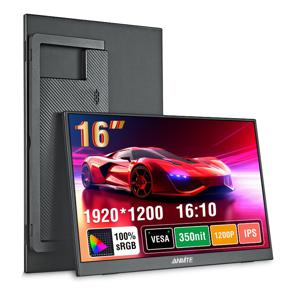 TEMU 16인치 휴대용 모니터 | 350nit 1200P HDR 16:10 저블루라이트, Xbox/PS5/Switch/휴대폰/컴퓨터/노트북 확장용, 1920 해상도, USB Type-C 연결, ANMITE 브랜드