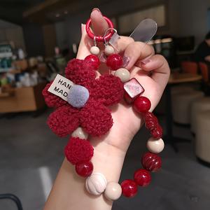 TEMU 귀여운 작은 꽃 빨간색 휴대폰 체인 팔찌 | 짧은 키체인, 카메라 참, 휴대용 넥 스트랩