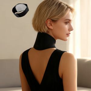 TEMU 편안한 열 패드와 스트레스 완화 및 혈액 순환 향상을 위한 벨트가 장착된 싱글 유닛 마그네틱 넥 마사지기입니다. 조절 가능한 어깨 스트랩이 포함되어 있으며, 블랙 색상에 레드 하이라이트가 특징이며, 인체공학적 디자인을 갖추고 있습니다.