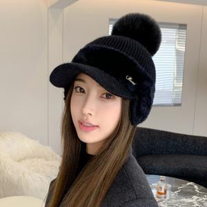 TEMU [겨울 신상] 여성 골프모자 패치워크귀달이 토끼털 패션 방한용 /여자 아웃도어 모자블랙/화이트/핑크/