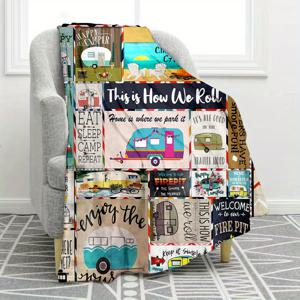 TEMU 1pc 캠핑 엘리먼트 프린트 플란넬 담요, 부드러운 아늑한 스로우 담요 여행용 소파 침대 사무실 홈 데코, 생일 휴일 선물 담요 소년 소녀 어른용, 계절별 사용 가능