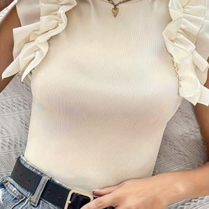 TEMU 여성용 프릴 슬리브리스 티셔츠, 2023 여름 캐주얼 하이넥 탑, 단색 폴리에스테르 니트 원단, 프랑스 스위트 스타일, 봄/가을 패션, 성인 사이즈
