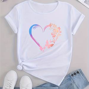 TEMU 하트 & 나비 프린트 캐주얼 티셔츠, 라운드 넥 반팔 소프트 스포티 티, 여성 의류