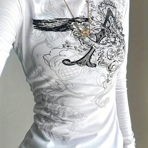 TEMU Y2K 그래픽 프린트 티셔츠, 봄과 가을을 위한 캐주얼 롱 슬리브 상의, 여성 의류