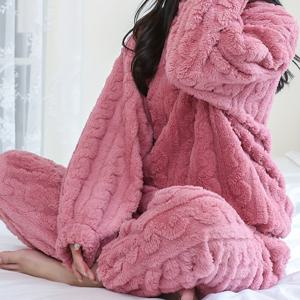 TEMU 캐주얼 솔리드 플리스 자카드 라운지 세트, 두꺼운 롱 슬리브 크루 넥 탑 & 조거스, 여성용 라운지웨어 & 수면복