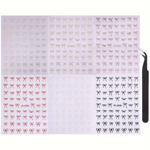 TEMU 6색 리본 네일 아트 스티커, 우아한 디자인의 리본 모양 네일 데칼 DIY 매니큐어 장식용 핀셋 포함|네일|네일스티커