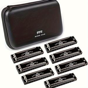 TEMU JDR 7피스 하모니카 세트 - C, D, E, F, G, A, Bb 키 - 10홀, 20음 - 블루스 하프 케이스 포함 - 초보자, 성인, 학생, 전문가용 - 완벽한 선물, 블랙
