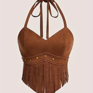 TEMU 여성용 레트로 프린지 캐미솔 탑