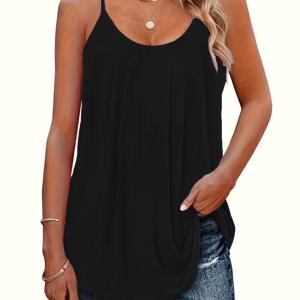 TEMU 플러스 사이즈 - 플러스 사이즈 캐주얼 탱크 탑, 여성용 단색 플리츠 라운드넥 신축성 탱크 탑.