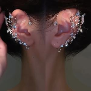 TEMU 힙합 스타일의 두 개의 패셔너블한 반짝이는 나비 귀마개, 요정 등반을 위한 엘프 귀 모양의 고급 펜트리 클립 귀걸이.