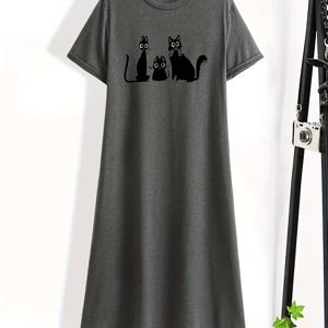 TEMU 어여쁜 만화 고양이 프린트 티셔츠 드레스, 통기성이 좋은 짧은 소매와 둥근 목, 여름과 봄에 입기 좋은 루즈하고 캐주얼한 옷, 트렌디한 여성 의류.|여름블라우스|반팔블라우스