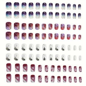 TEMU 96피스 숏 기하학 오브레 프레스온 네일 세트, 2개의 젤리 글루와 1개의 네일 파일이 포함된 짧은 탈착식 네일, 여성용 네일 장식