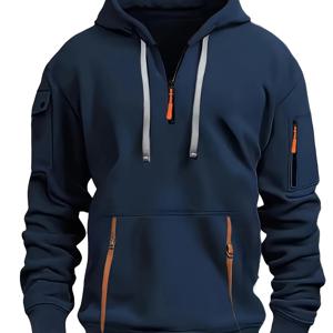 TEMU 남성용 단색 긴팔 지퍼업 후드티, 헨리 칼라 디자인. 봄, 가을 야외 활동에 적합한 다용도 캐주얼 웨어로, 편안함과 스타일을 모두 제공하며 편리한 다중 포켓이 특징입니다.