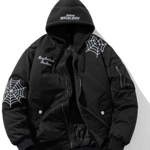 TEMU 새로운 가을/겨울 따뜻한 거미 자수 재킷, 트렌디한 남성용 탈부착 후드 코트