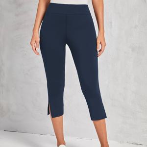TEMU 여성용 고탄력 스플릿 카프리 팬츠 사이드 슬릿 디테일 - 부드럽고 편안한 타이트핏 피트니스 바지, 봄 여름 가을용 기계 세탁 가능 솔리드 컬러 캡리 레깅스