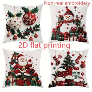 TEMU 4개 세트 2D 평면 프린팅 비리얼 자수 크리스마스 트리 산타 눈사람 선물 쿠션 커버 빨간색 초록색 장식용 베개커버 한쪽 프린팅 18인치*18인치 크리스마스 겨울 거실 침실 소파 침대 장식용 베개 내장 없음, 2D 평면