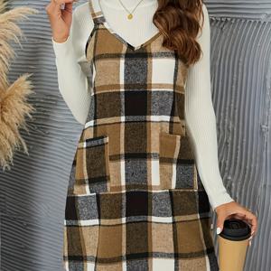 TEMU 여름과 겨울을 위한 우아한 여성용 두꺼운 체크무늬 조끼 드레스