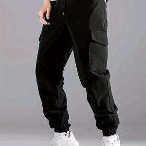 TEMU Manity 하이포모드 남성 캐주얼 단색 카고 바지, 플랩 포켓 및 옆면 드로스트링 허리