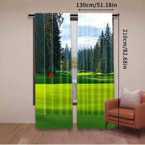TEMU 2개 골프 코스 풍경 커튼 - 그린 그라스, 잔디밭 & 숲 디자인, 골프 깃발 디테일 포함 - 거실, 침실, 사무실 장식용 로드 포켓 폴리에스테르 드레이프 - 세탁기 사용 가능