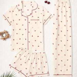 TEMU 여성용 우아한 체리 프린트 파자마 세트 - 3pcs, 반팔 상의와 라펠 칼라 & 버튼업 반바지, 라이트 블루와 레드 체리 패턴, 가을/겨울에 완벽한, 성인용 라운지웨어 | 재미있는 프린트 상의 | 폴리에스터 블렌드