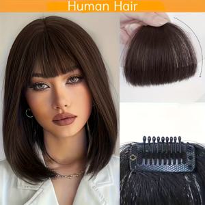 TEMU 인모발, 헤어뱅과 핀이 포함된 깔끔한 앞머리용가발 - 일상복장/역할놀이에 적합하며,형태변경이 쉬움. 선물로도 좋음.볼륨감 UP! 관리가 간편한여성용가발, 클립인 뱅, 자연스러운룩의 세련된헤어피스, 핸드타이딩 봉, 착용준비완료 시너티픽프리 코스플레이액세서리