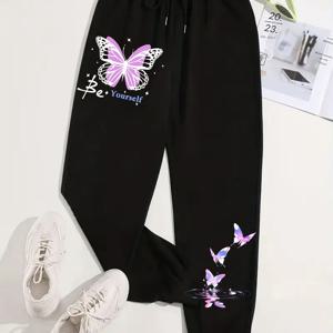 TEMU 여성을 위한 플러스 사이즈 기하학적 나비 프린트 스웨트팬츠 - 가벼운 스트레치가 있는 편안한 폴리에스테르 니트 원단, 모든 계절에 캐주얼한 스타일 - 가정, 여행, 헬스장에 완벽 - 축제 Y2K 빈티지 패션, 가을과 겨울을 위한 두껍고 따뜻한 디자인