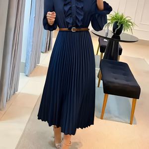 TEMU 여성용 우아한 A라인 드레스 - 벨트 웨이스트 & 스탠드 칼라 - 롱 슬리브 - 오피스, 웨딩용 롱 드레스 - 기계 세탁 가능 솔리드 컬러 테일러드 핏 (봄/가을) - 중성 톤 벨트 악센트 드레스 (스트레치 없음)