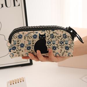 TEMU 1개, 대형 지퍼 만화 작은 꽃 검은 고양이 패턴 프린트 필통, 넉넉한 메이크업 가방, 펜 및 학용품에 적합한 대형 지퍼 문구 상자.|필통|수납정리함