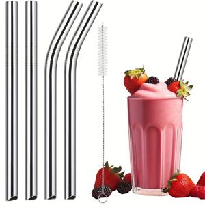 TEMU 2/4개 스테인리스 스틸 스무디/쉐이크 빨대, 0.47인치 초광택 재사용 가능 메탈 빨대, 및 벤트 빨대 (보바, 두꺼운 음료, 차가운 음료용), 브러쉬 1개 (실버)