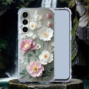 TEMU 삼성 갤럭시 S24 울트라, S23 울트라, 노트 20 울트라와 호환되는 3D 꽃 조형 디자인의 부드러운 투명 휴대폰 케이스입니다.