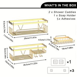TEMU 3개 다기능 욕실 수납 선반 세트 - 드릴 필요 없는 벽걸이형 오거나이저, 비누 홀더 및 타월 후크 포함, 내구성 있는 금속/단조 철제, 휴대용 샤워 바스켓, 겨울 선물, 멀티유즈 정리함 | 모던 욕실 랙 | 메탈 스토리지 솔루션, 샤워 캐디