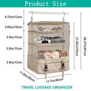 TEMU 바이나 박스 3단 접이식 여행용 정리함 21.65*17.7*11.8인치, 양쪽 측면 무게 측정 웨빙과 수납 공간 및 후크가 있는 휴대용 짐 정리대, 가정 및 기숙사 사용에 적합, 여행 필수품