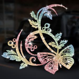 TEMU 1개 반짝이는 스파클 버블 꽃 & 나비 자동차 데칼 스티커 - 자체 접착 비닐 장식 스티커, 차량용, 트럭, 노트북, , 홈 윈도우 - 플로럴 & 동물 모티프, 불규칙한 형태, 다중 표면 사용(플라스틱/유리/금속) | 만화 모티브 | 정교한 디자인, 자동차 스티커 데칼