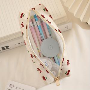 TEMU 작은 리본 체리 패턴 프린트, 두꺼운 코듀로이 대용량 연필 케이스 문구류 간단한 지퍼 연필 케이스, 연필 케이스 인쇄된 코듀로이 가방 중간 가방 수납 가방 부드러운 가방, 남녀 모두에게 적합