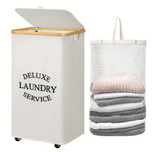 TEMU 1개 대형 110L 접이식 빨래바구니 (잠금 바퀴 & 커버 포함) - 내구성 강한 옷장바구니, 세탁 서비스, 기숙사, 호텔용 - 내부 망망이 있는 접이식 보관 빨래바구니