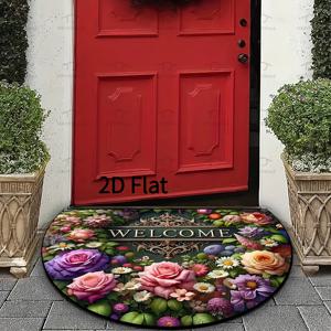 TEMU 2D] 카네이션 패턴의 반원형 신발 매트, 꽃무늬 프린트 장식 바닥 매트, 실내/야외 출입구 자연 뷰 매트 - 세척이 쉬운 매트 - 사계절 사용 가능