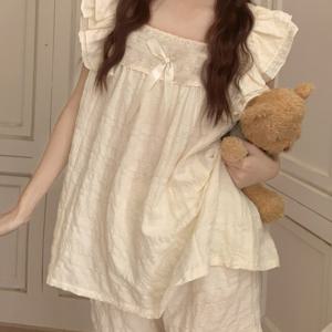 TEMU 여성용 여름용 가벼운 파자마 세트 - 스퀘어 넥, 반팔 러플 트림, 단색, 캐주얼 홈웨어, 성인용, 캐주얼웨어|러플 트림 탑|스퀘어 넥라인, 파자마