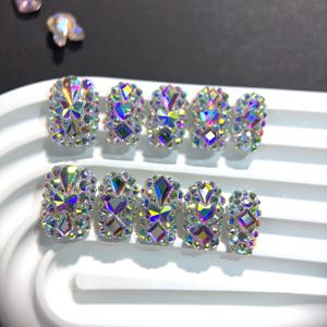 TEMU 10개입 중간 직사각형 워터 파이프 A자형 AB 유리 풀 라인스톤 컬러풀 라이트 퓨어 핸드메이드 프레스온 인조 손톱, 신학기, 결혼식, 생일 파티에 적합