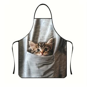 TEMU 1pc 귀여운 고양이 포켓 디자인 아프론 - 내구성 있는 폴리에스터, 조절 가능한 목 스트랩, 요리, 베이킹, 정원, 및 바베큐에 적합 - 가벼움 및 기계 세척 가능 - 남성 및 여성에게 이상적, 베이킹 아프론 | 재미있는 고양이 디자인 | 폴리에스터 아프론