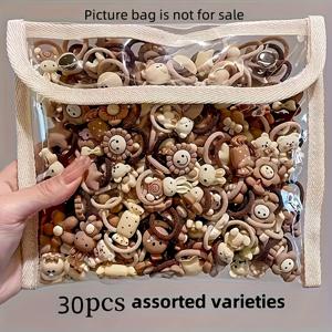 TEMU 15/30개 밀크 브라운 베어 헤드 로프, 머리 다치지 않음, 탄력 좋은 귀여운 소형 헤어밴드