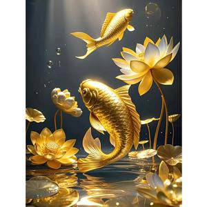TEMU 골든 코이 피시와 로투스 DIY 5D 페인팅 키트 - 라운드 드릴 캔버스 아트 세트, 15.75