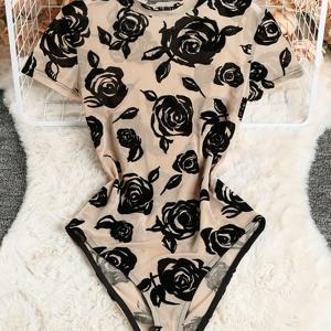 TEMU 메쉬 플록 프린트 시스루 우아한 패션 반팔 바디슈트 Y2K 스타일