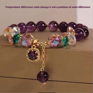 TEMU 여성용 우아한 비즈 팔찌 - 보라색 및 금색 톤 패션 보석, 일상 착용 또는 선물로 이상적인, 매일 착용할 수 있는 팔찌 | 우아한 팔찌 | 큐빅 장식