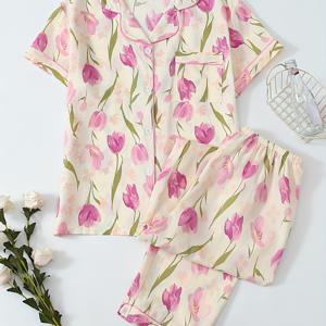 TEMU 여성용 레드 튤립 플라워 프린트 투피스 파자마 세트, 반팔 버튼 셔츠와 리본 타이 팬츠 - 봄/여름/가을 캐주얼 라운지웨어