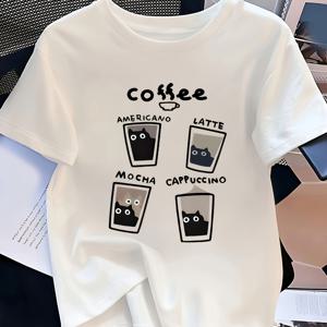 TEMU 여성용 커피 애호가 티셔츠 - 귀여운 커피 컵 & 텀블러 프린트 (카푸치노, 라떼, 모카, 말차, 커피콩) - 부드러운 스트레치 반팔 라운드넥 티셔츠, 캐주얼 여름 룩, 카페 & 데일리 웨어 (화이트/블랙)