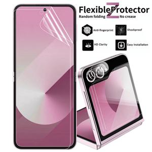 TEMU 6-In-1 고화질 소프트 하이드로겔 액정 보호 필름, 삼성 갤럭시 Z Flip 6/5/4/3 호환, 소프트 하이드로겔 전면 액정 보호 필름 2개 + 카메라 렌즈 보호 필름 2개 + TPU 후면 액정 보호 필름 2개 포함.