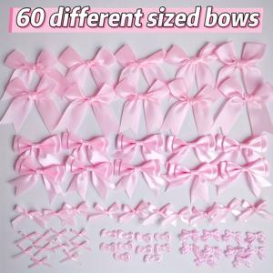 TEMU 60pcs 핑크 리본 액세서리 - 선물 포장, 케이크 장식 및 공예용으로 다양한 크기, 직물 재질, 수제 리본 장식, 리본 장식, 공예 필수품, 장식용 리본, 수제 리본