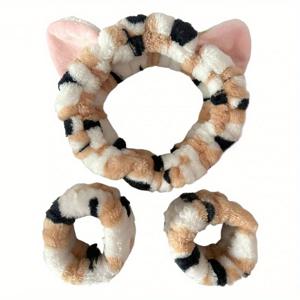 TEMU 귀여운 고양이 귀 머리띠와 손목밴드 플러시 머리띠 세안용 헤어밴드 코스튬 파티 장식